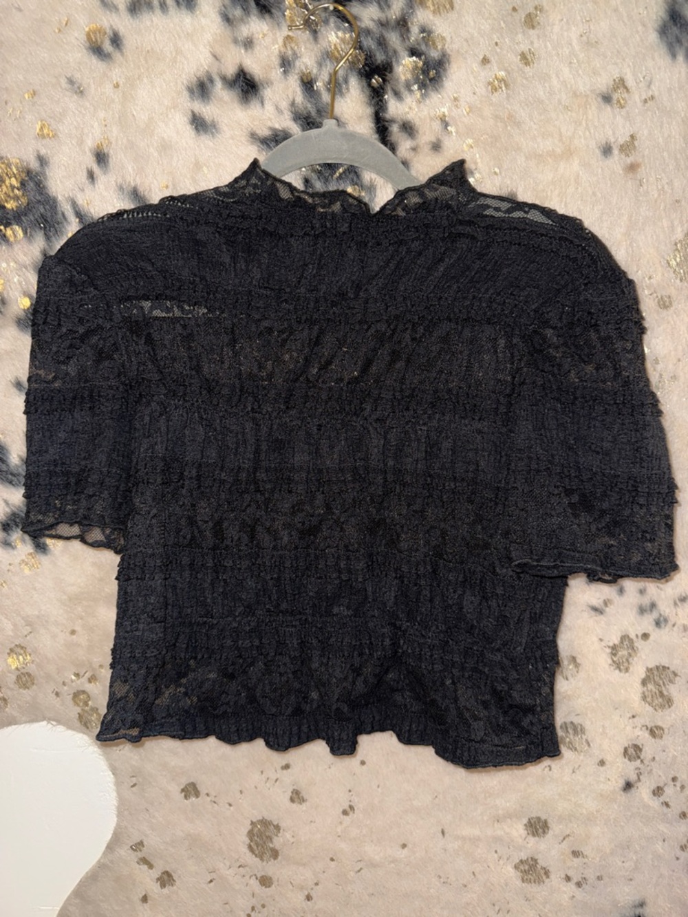 Black Lace Smocked Short Sleeve Top - Women